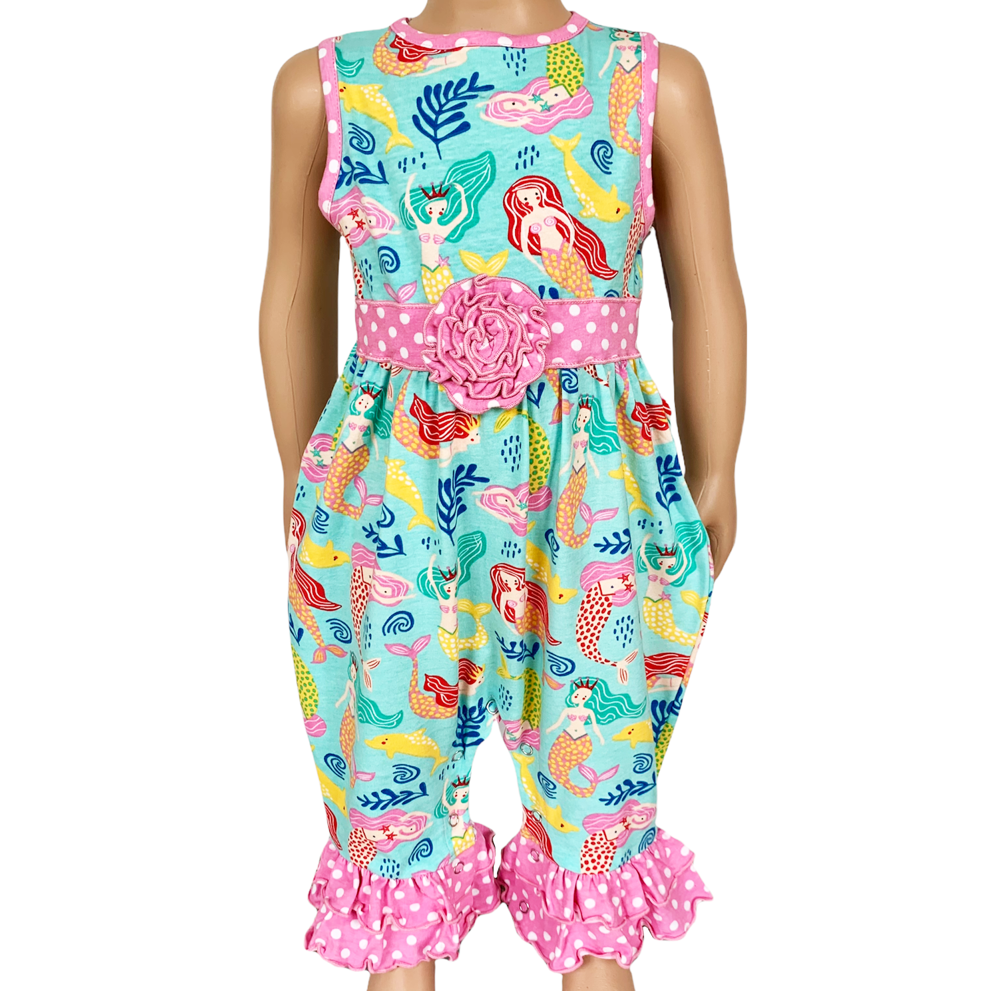 AnnLoren Baby Girls' Boutique Nautical Mermaid Sea Creatures Polka Dot Romper